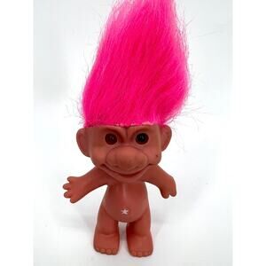 Vintage Lucky Troll Doll Red & Green Eye White Star Belly Stamp Wish Pink Hair
